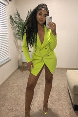 Lime Button Front Belted Blazer Dress - Justyne-Dresses