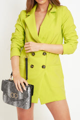 Lime Button Front Belted Blazer Dress - Justyne-Dresses