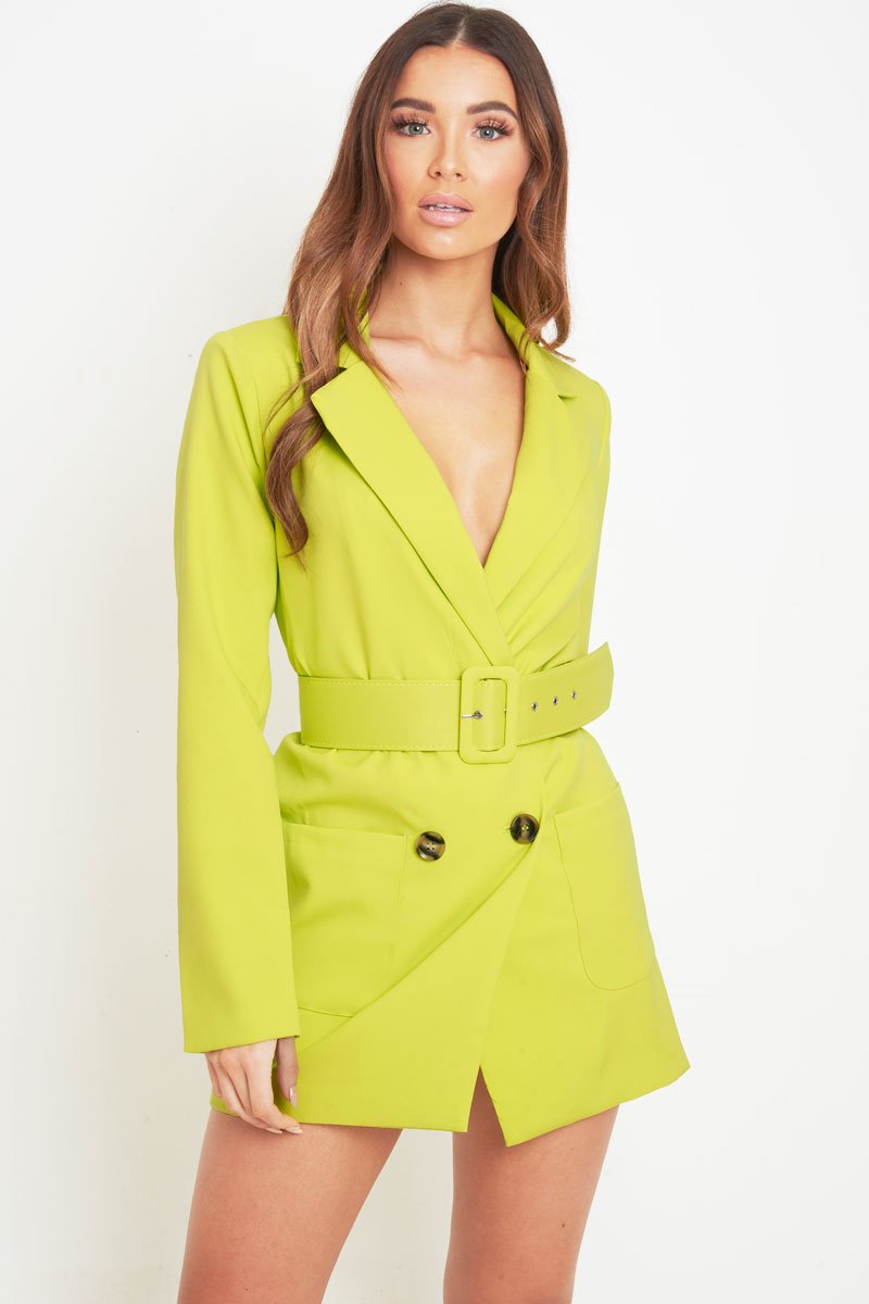 Lime Button Front Belted Blazer Dress - Justyne-Dresses
