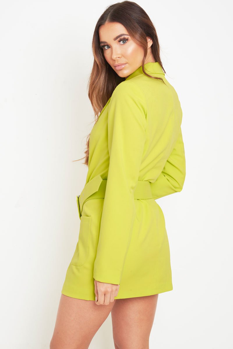 Lime Button Front Belted Blazer Dress - Justyne Rebellious Fashion Lime Button Front Belted Blazer Dress - Justyne Rebellious Fashion