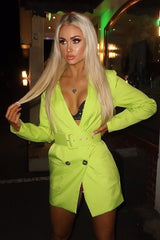 Lime Button Front Belted Blazer Dress - Justyne-Dresses