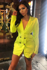 Lime Button Front Belted Blazer Dress - Justyne-Dresses