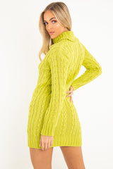 Lime Cable Knit Roll Neck Jumper Dress - Matilda-Dresses