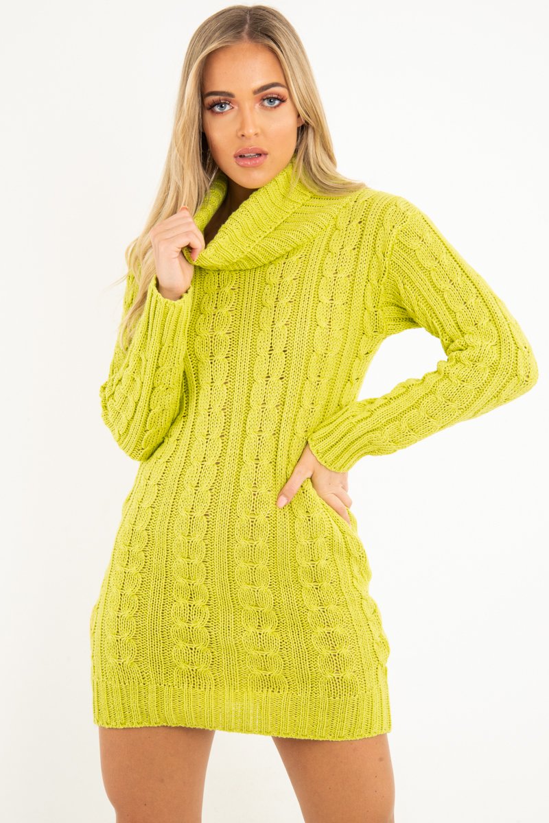 Lime Cable Knit Roll Neck Jumper Dress - Matilda-Dresses