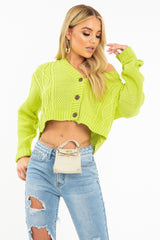 Lime Chunky Knit Button Up Crop Cardigan - Elly-Cardigans
