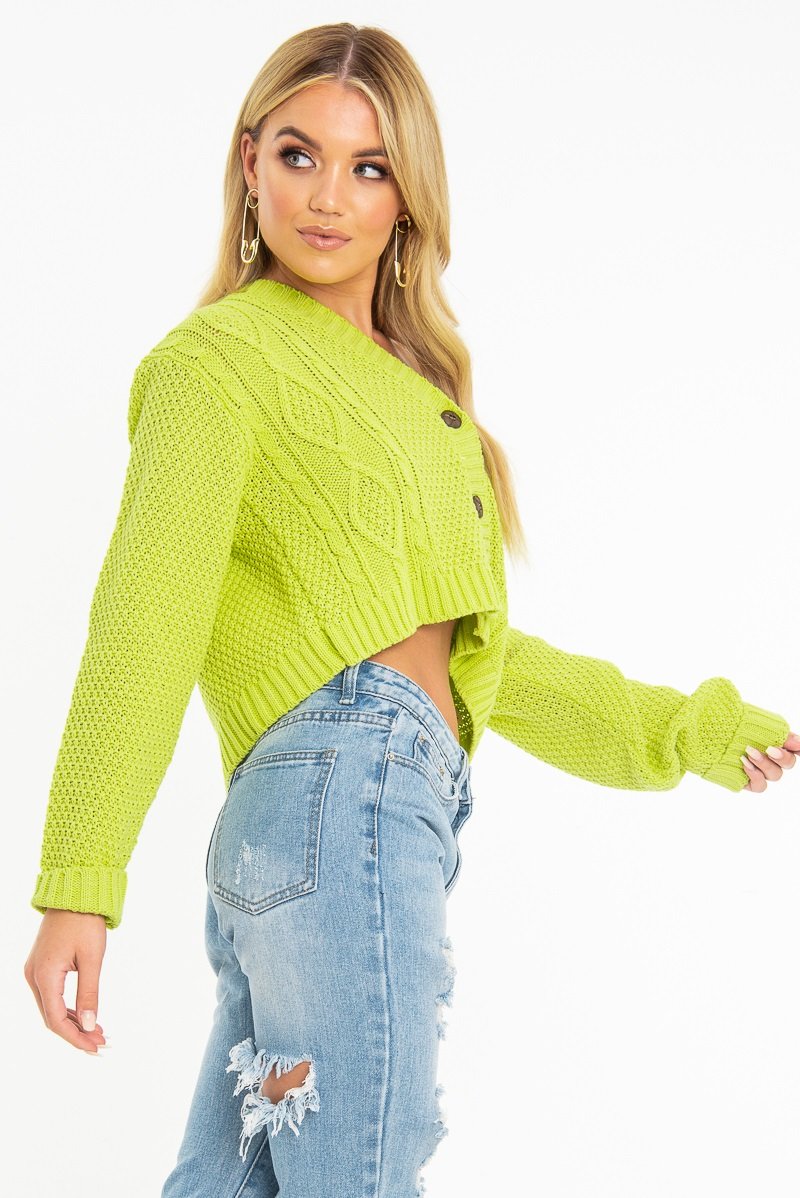 Lime Chunky Knit Button Up Crop Cardigan - Elly-Cardigans