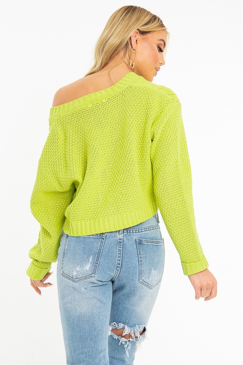 Lime Chunky Knit Button Up Crop Cardigan - Elly-Cardigans