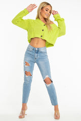 Lime Chunky Knit Button Up Crop Cardigan - Elly-Cardigans