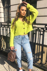 Lime Chunky Knit Button Up Crop Cardigan - Elly-Cardigans
