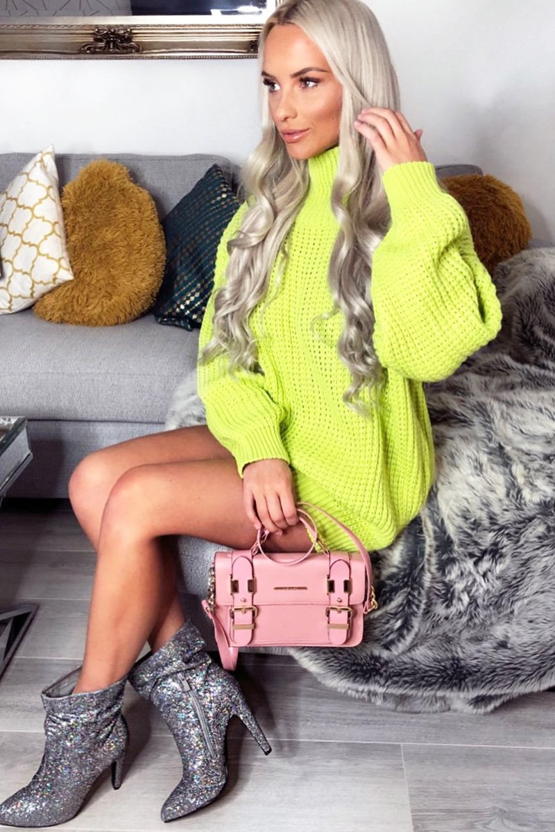 Lime Chunky Knit Jumper Dress - Maci-Dresses