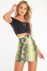 Lime Coated Snake Print Bodycon Mini Skirt - Gigi-Skirts