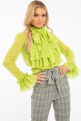 Lime Crepe Ruffle High Neck Shirt - Honey-Shirts