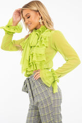 Lime Crepe Ruffle High Neck Shirt - Honey-Shirts
