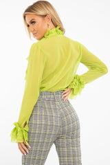 Lime Crepe Ruffle High Neck Shirt - Honey-Shirts