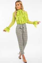 Lime Crepe Ruffle High Neck Shirt - Honey-Shirts