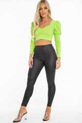 Lime Crepe Sweetheart Puff Sleeve Crop Top - Porsha-Crop Tops