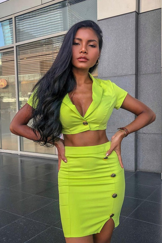 Lime Crop Gold Button Detail Shirt Co-Ord - Kaily