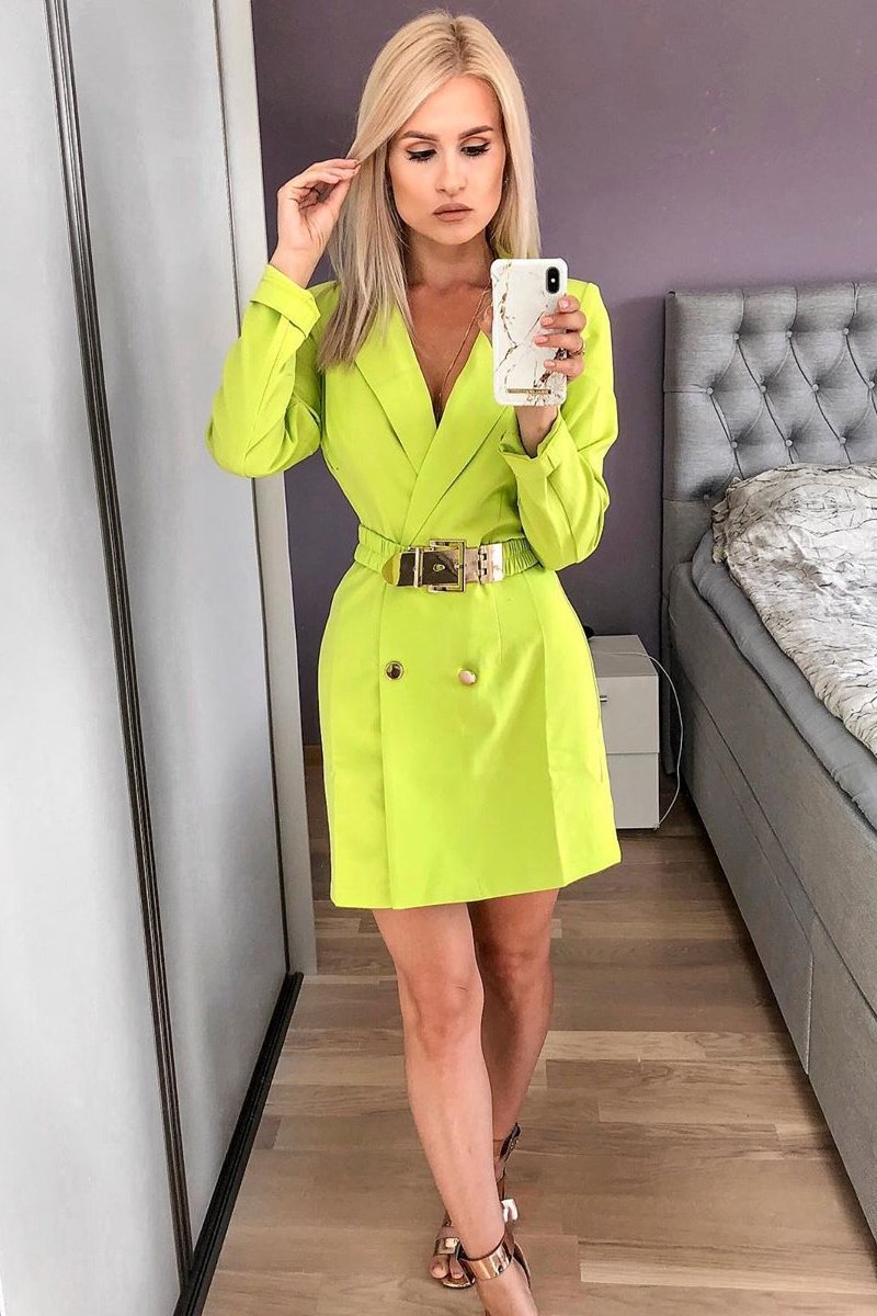 Lime Double Breasted Button Front Belted Blazer - Enya-Blazers