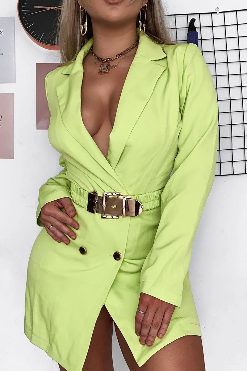 Lime Double Breasted Button Front Belted Blazer - Enya-Blazers