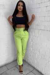 Lime Green Belted Tapered Peg Trousers - Jessika-Trousers