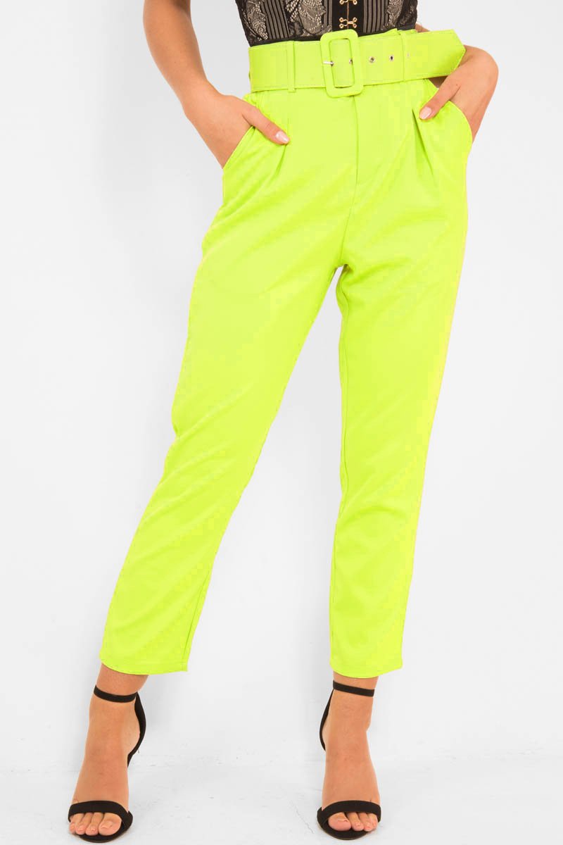 Lime Green Belted Tapered Peg Trousers - Jessika-Trousers