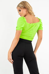 Lime Green Bow Front Ruched Detail Top - Charlie-Tops