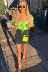 Lime Green Bow Front Ruched Detail Top - Charlie-Tops