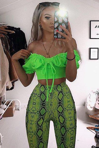 Lime Green Bow Front Ruched Detail Top - Charlie-Tops