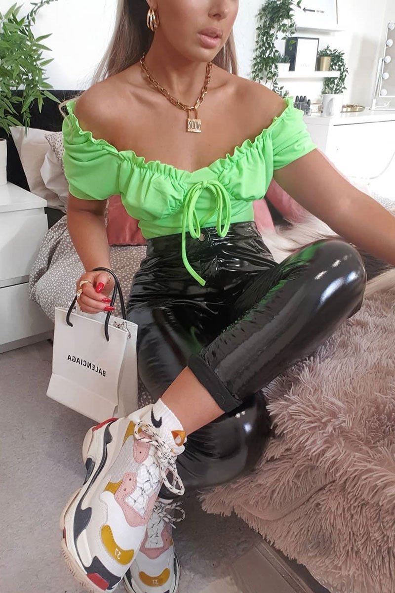 Lime Green Bow Front Ruched Detail Top - Charlie-Tops
