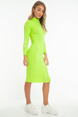 Lime Green Contrast Stripe Detail High Neck Midi Dress - Niana-Dresses