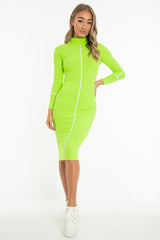 Lime Green Contrast Stripe Detail High Neck Midi Dress - Niana-Dresses