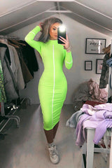 Lime Green Contrast Stripe Detail High Neck Midi Dress - Niana-Dresses