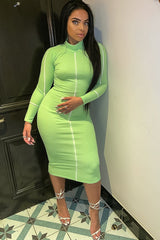 Lime Green Contrast Stripe Detail High Neck Midi Dress - Niana-Dresses