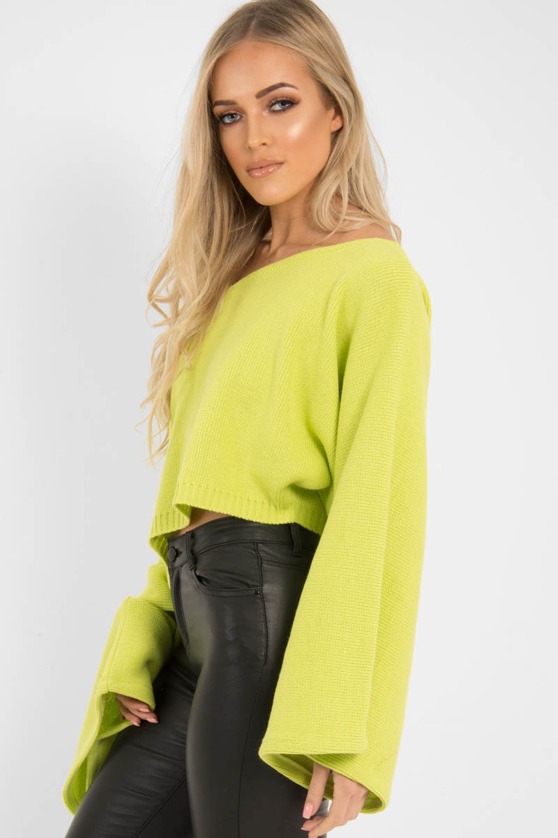 Lime Green Cropped Batwing Jumper - Carmin-Jumper
