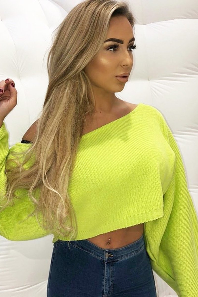 Lime Green Cropped Batwing Jumper - Carmin-Jumper