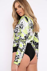 Lime Green Floral Print Plunge Satin Bodysuit - Hetty-Bodysuits
