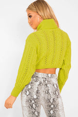 Lime Green High Neck Cropped Cable Knit Jumper - Sandria-Crop Jumper