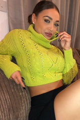 Lime Green High Neck Cropped Cable Knit Jumper - Sandria-Crop Jumper