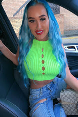 Lime Green Knit Halterneck Button Crop Top - Penina-Crop Tops