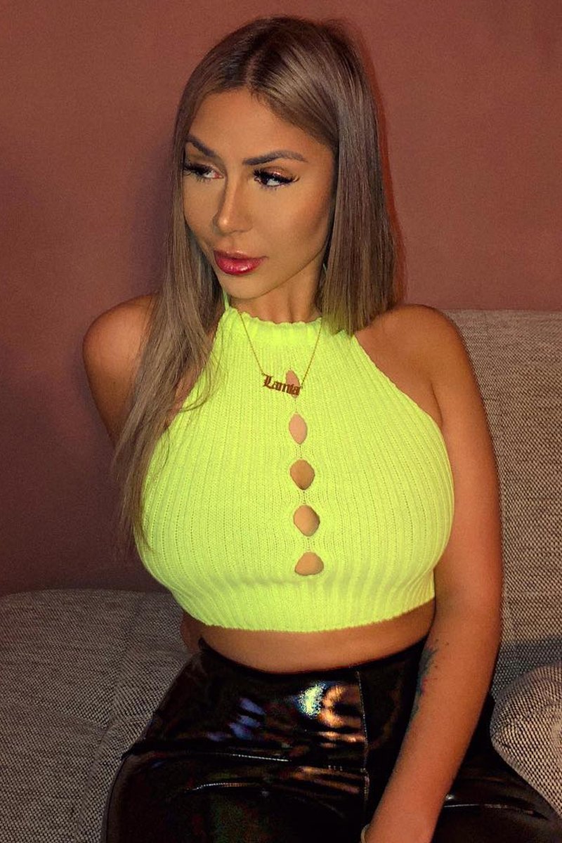 Lime Green Knit Halterneck Button Crop Top - Penina-Crop Tops