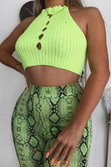 Lime Green Knit Halterneck Button Crop Top - Penina-Crop Tops