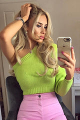 Lime Green Knitted One Shoulder Jumper - Jayleah-Crop Jumper