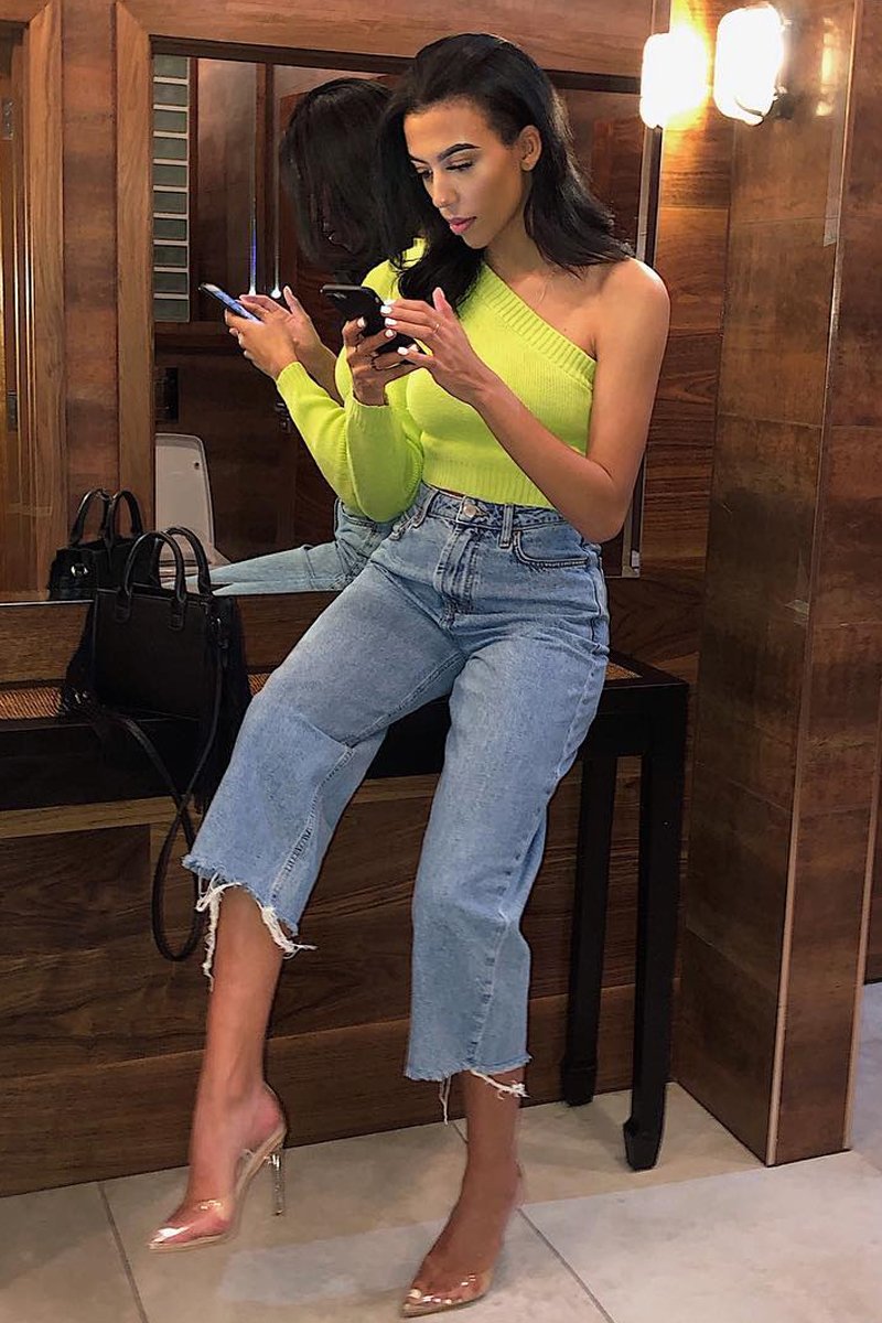Lime Green Knitted One Shoulder Jumper - Jayleah-Crop Jumper