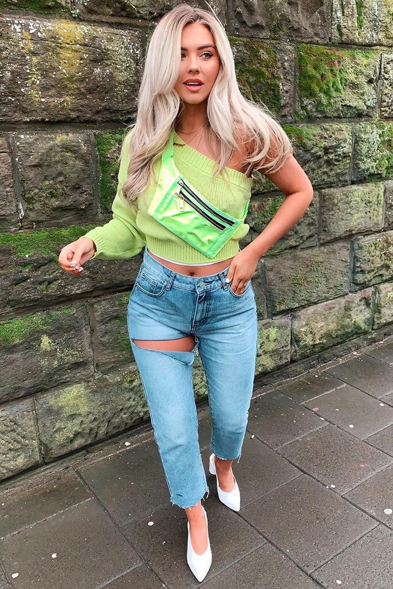 Lime Green Knitted One Shoulder Jumper - Jayleah-Crop Jumper