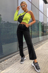 Lime Green Knitted One Shoulder Jumper - Jayleah-Crop Jumper