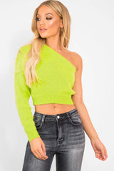 Lime Green Knitted One Shoulder Jumper - Jayleah-Crop Jumper