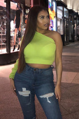 Lime Green Knitted One Shoulder Jumper - Jayleah-Crop Jumper
