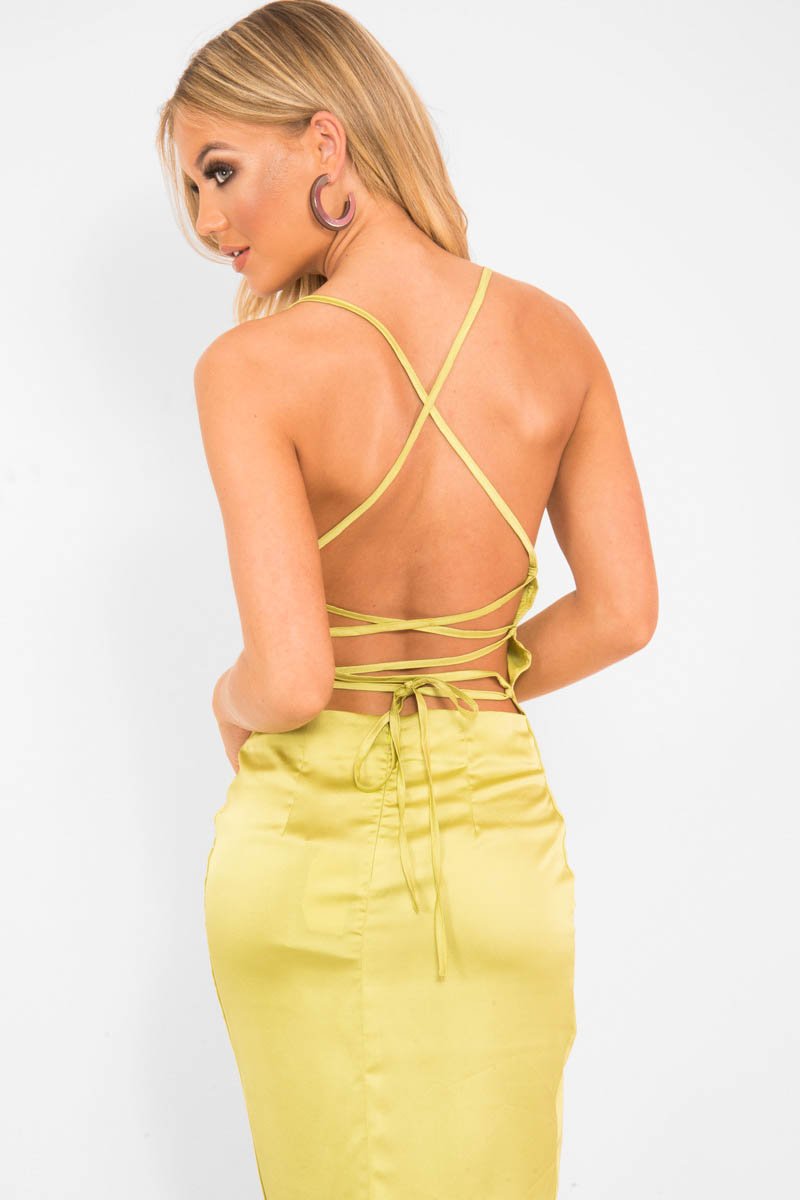 Lime Green Satin Cowl Neck Midi Bodycon Dress - Liliana-Dresses