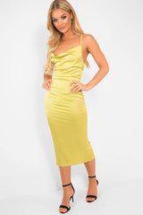 Lime Green Satin Cowl Neck Midi Bodycon Dress - Liliana-Dresses