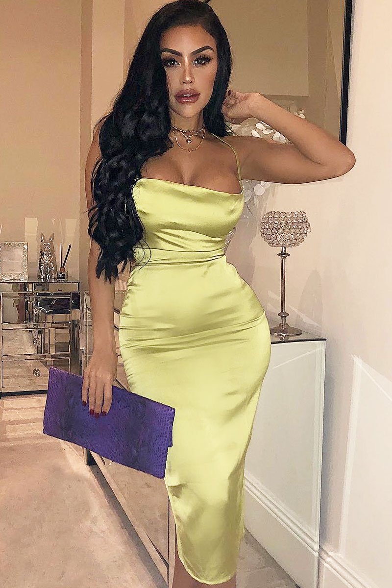 Lime Green Satin Cowl Neck Midi Dress - Liliana Rebellious Fashion Lime Green Satin Cowl Neck Midi Dress - Liliana Rebellious Fashion